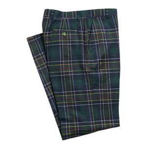 Mens 34 Plaid Wool Dress Pants Green Blue Tartan Flat Front Straight Trousers